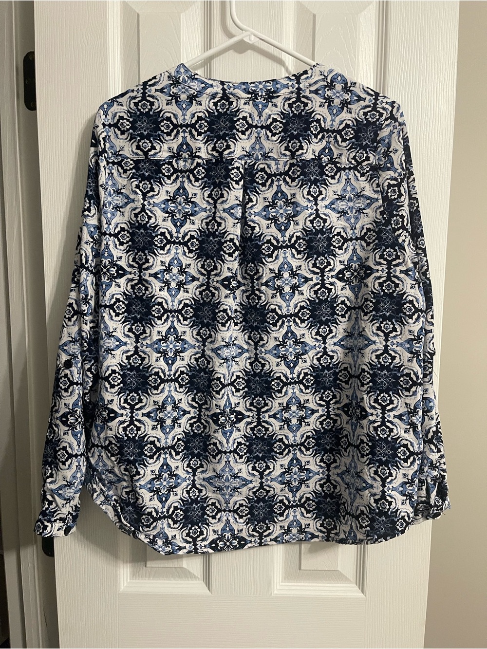 Notations Navy and White Printed Button-Front Blouse - Picture 7 of 8